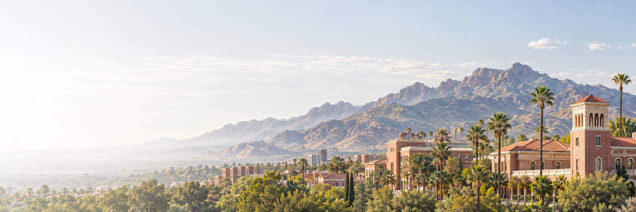 Illustrated desert campus and mountain landscape