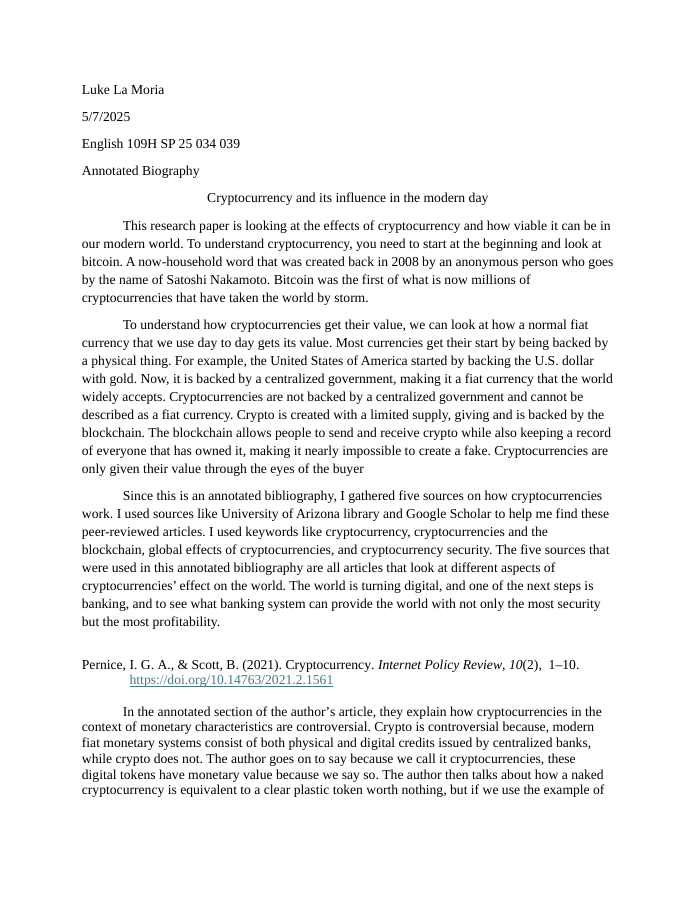 First page of my cryptocurrency annotated bibliography